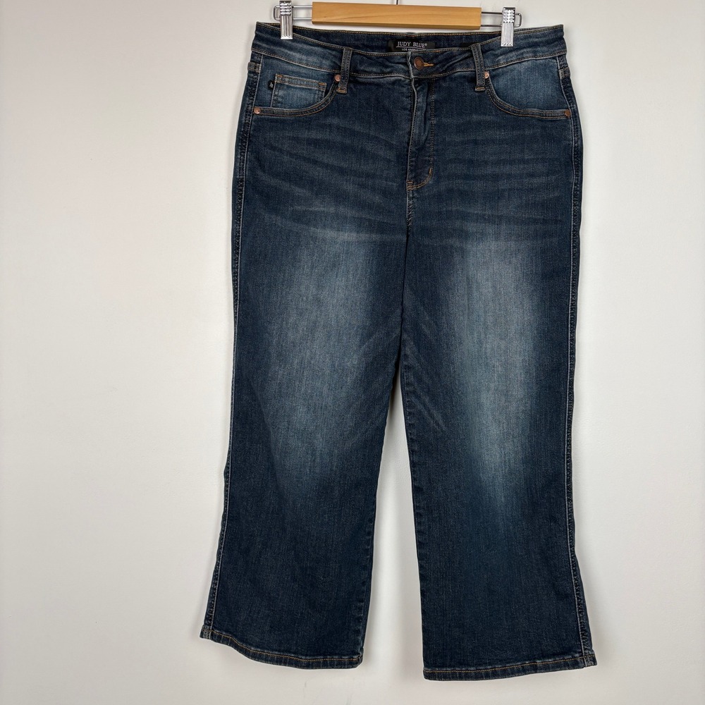 Judy Blue Mid Rise Tummy Control Wide Leg Crop Jean 15/32 Blue Dark Wash Stretch
